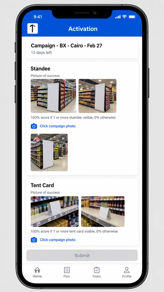 1Channel mobile app Activation screen for a Cairo campaign showing Standee and Tent Card cards with picture of success thumbnails, scoring rules, camera links and a disabled Submit button