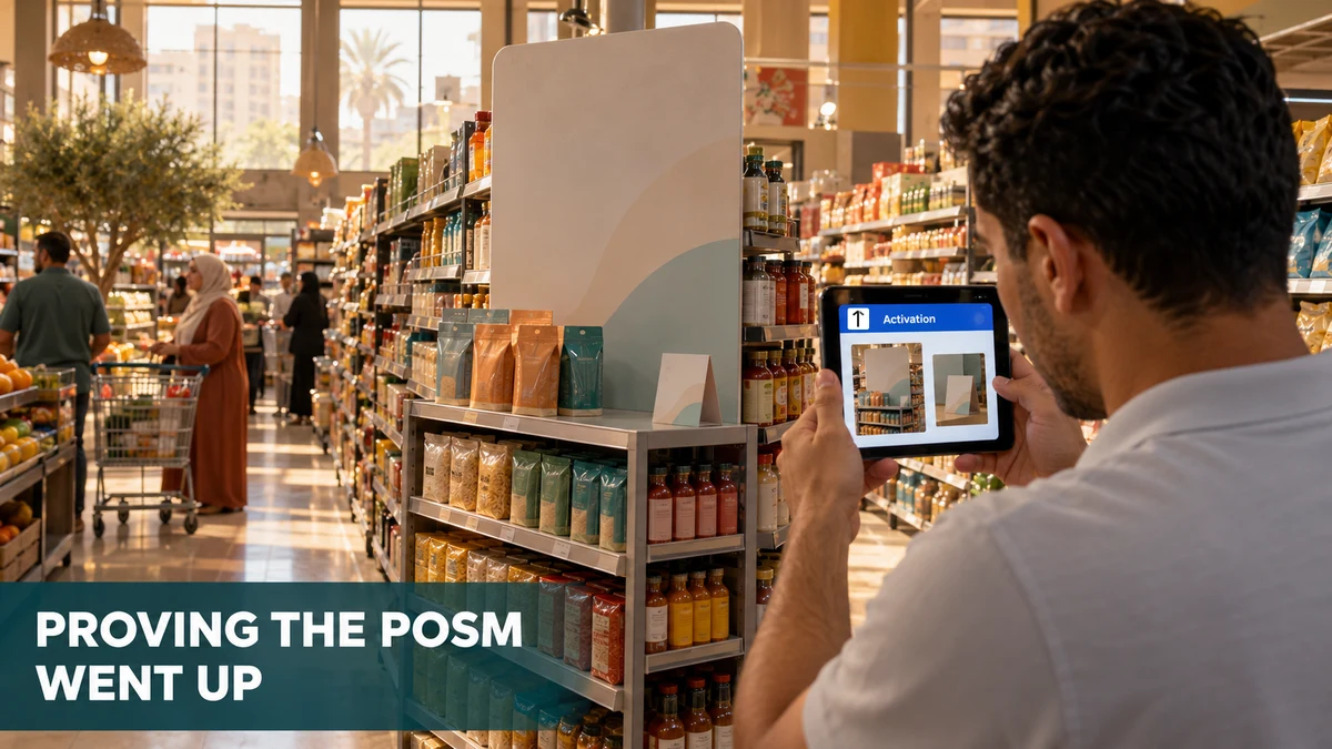 Cairo supermarket aisle with a promotional standee and a field rep photographing it on a phone showing the 1Channel campaign activation screen, with the headline Proving the POSM Went Up