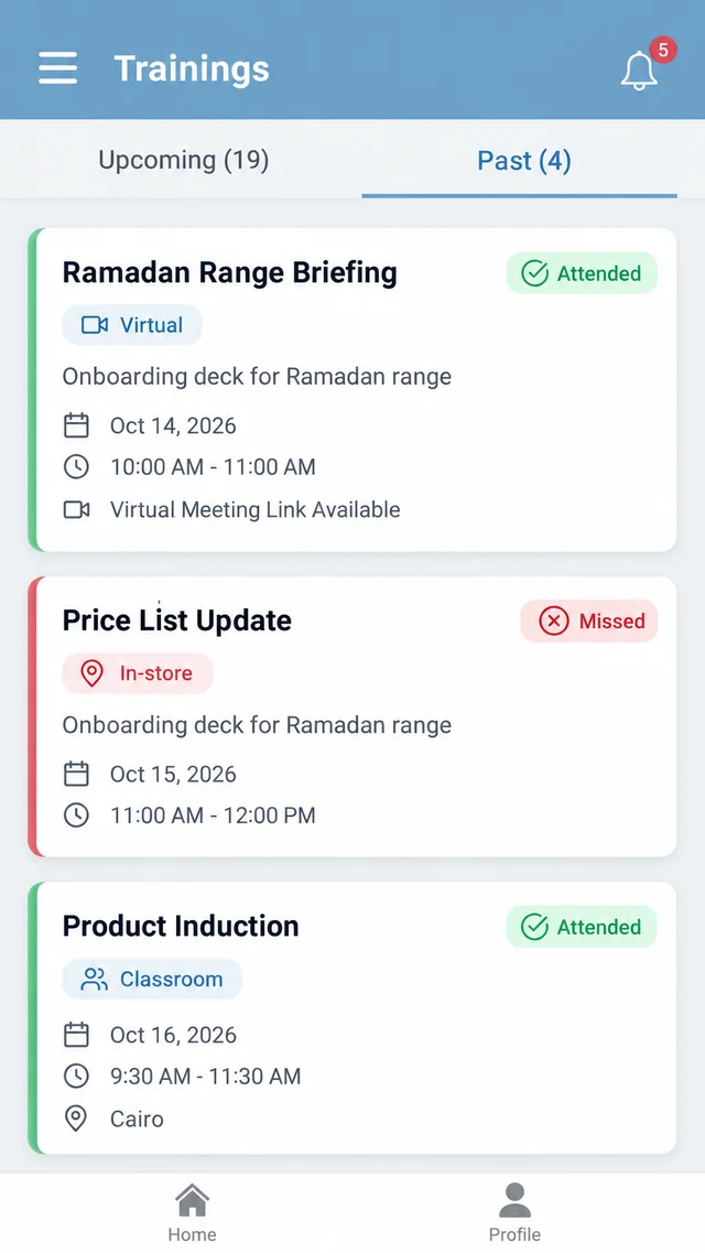 1Channel mobile app Trainings screen with the Past tab open, showing in-store, virtual and classroom sessions marked Attended or Missed
