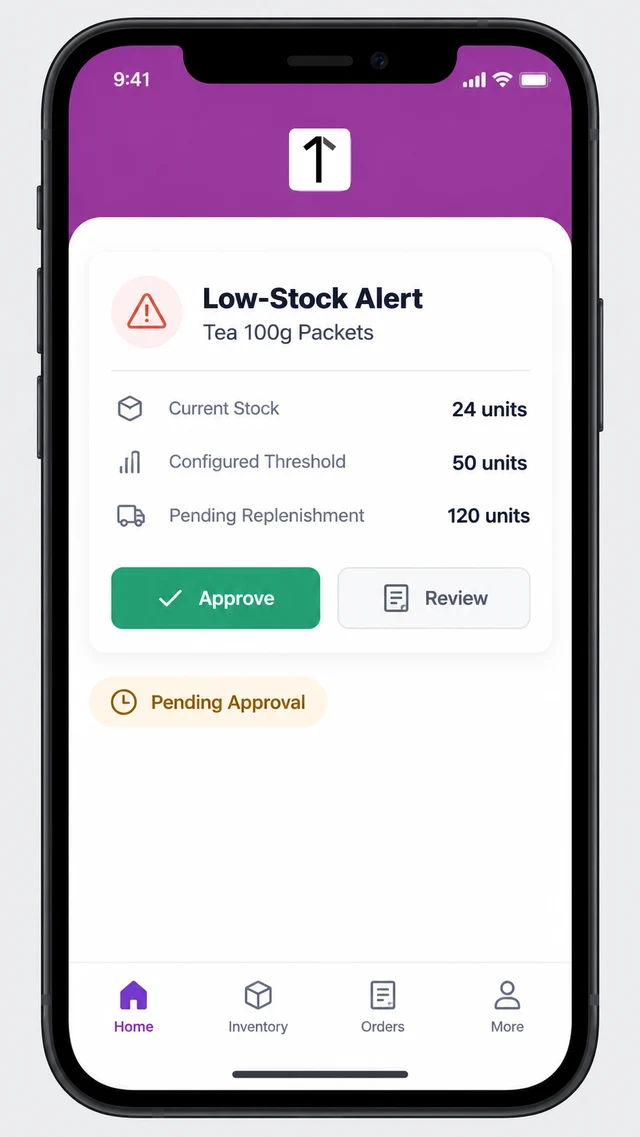 1Channel mobile app low-stock alert screen showing a SKU pending replenishment approval with quantity and Approve action