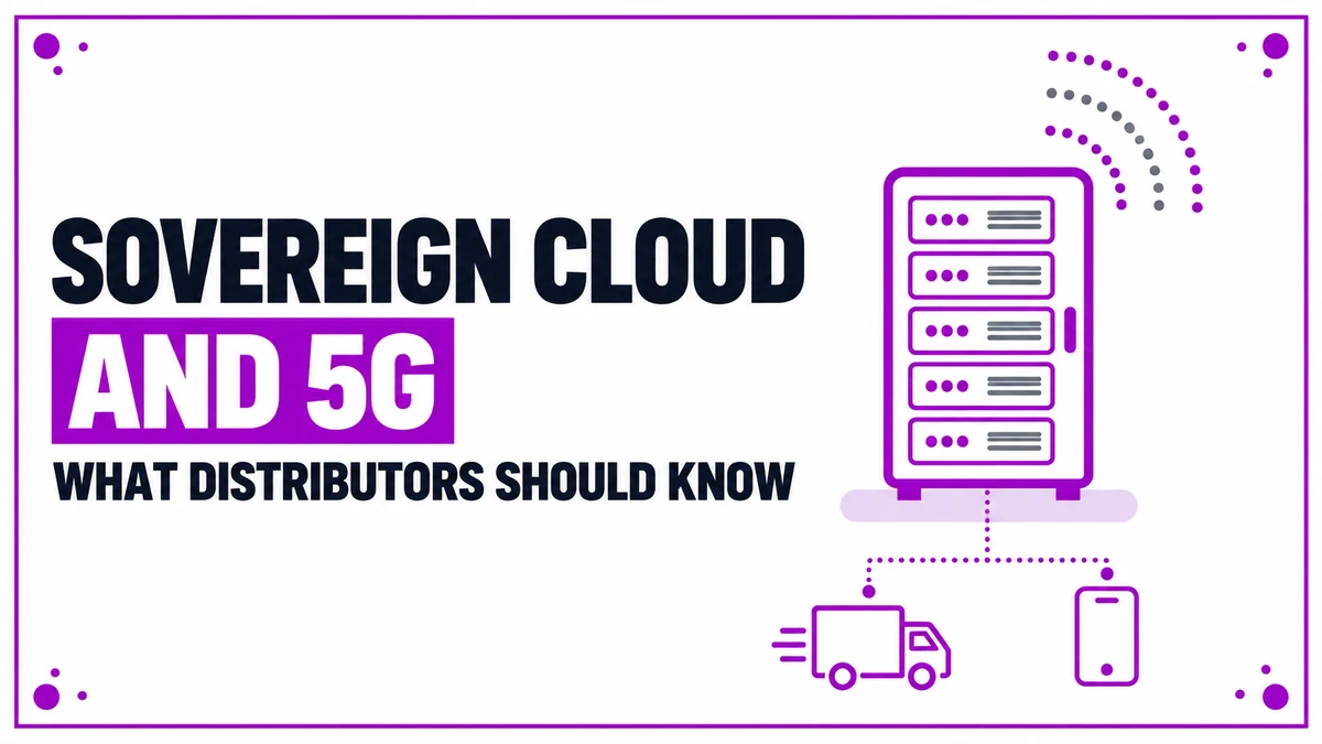 Flat illustration of a sovereign cloud data centre rack and 5G signal arcs linked to a delivery van and a field sales phone in Egypt