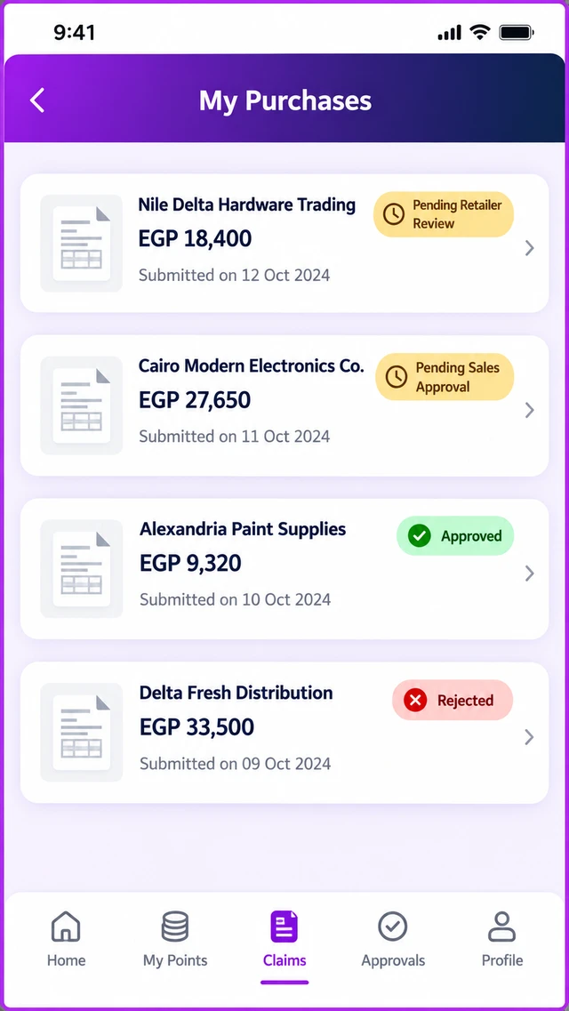 1Channel partner mobile app My Purchases screen showing submitted claims with status badges for pending retailer review, pending sales approval, approved and rejected, with values in EGP
