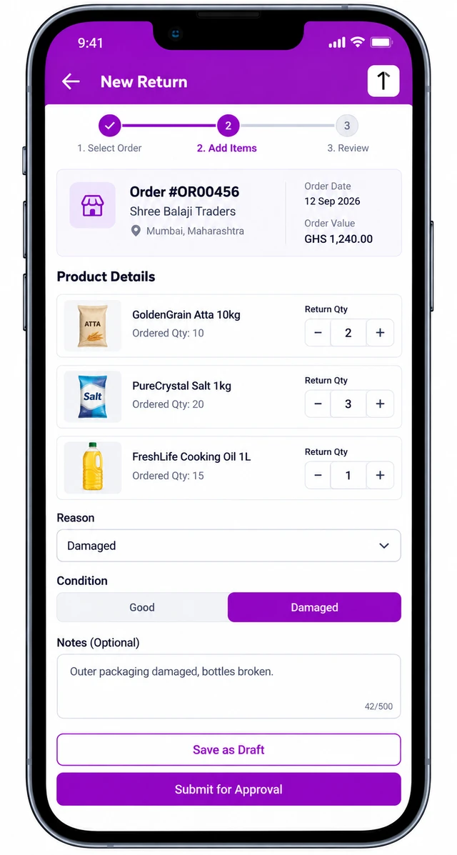 Mobile app screen showing a field rep filing a damaged goods return against an order, with line items, reason and condition fields.