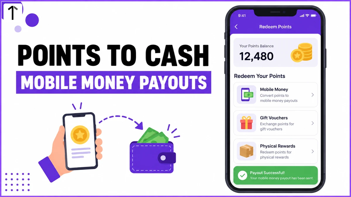 Flat illustration of a channel partner redeeming loyalty points on a phone, with a mobile money payout confirmation and a rewards catalogue screen.