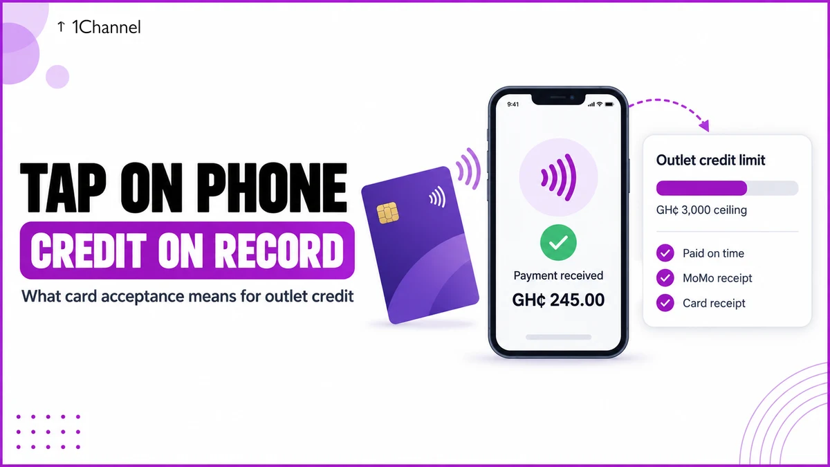 Flat illustration of a smartphone confirming a contactless card payment in cedis beside an outlet credit limit panel.