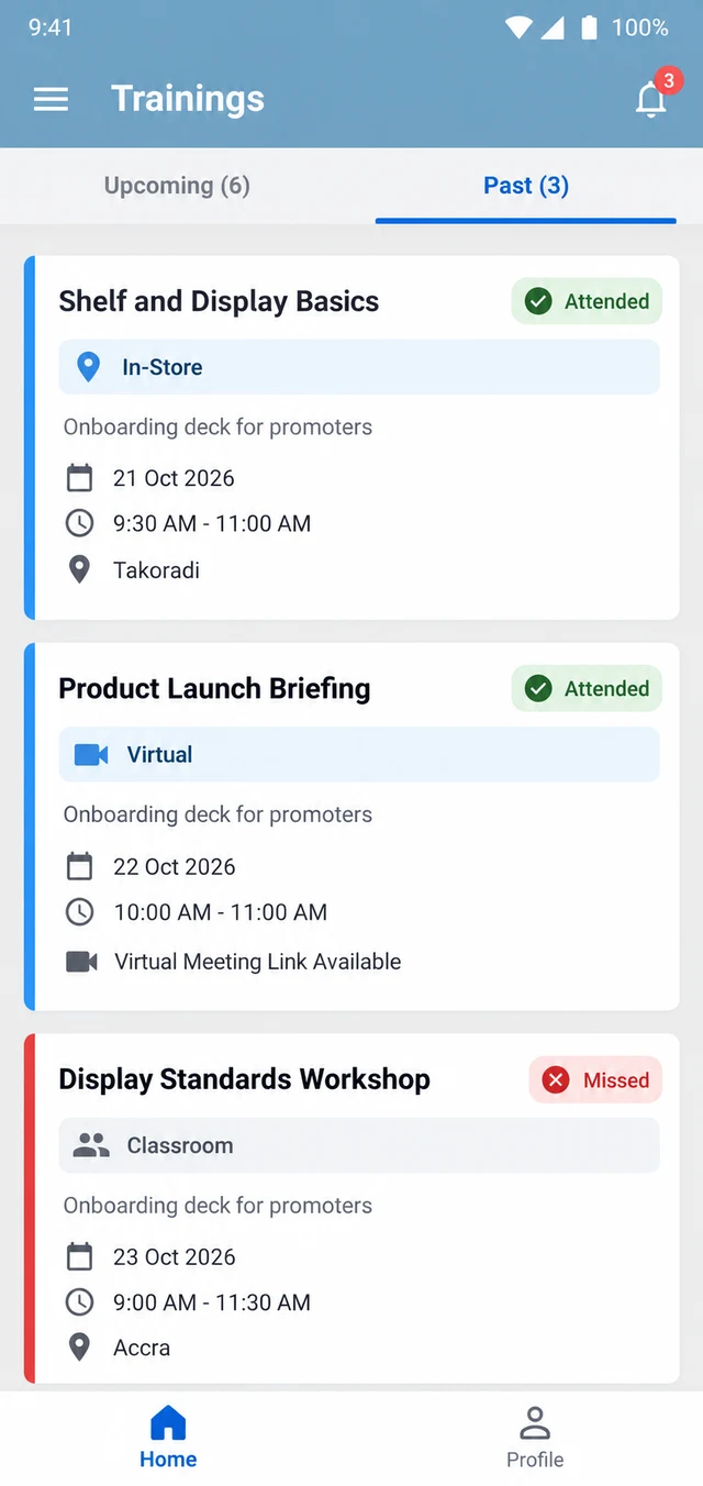 Mobile app screen listing past training sessions in Ghana with In-Store, Virtual and Classroom badges and Attended or Missed status pills.