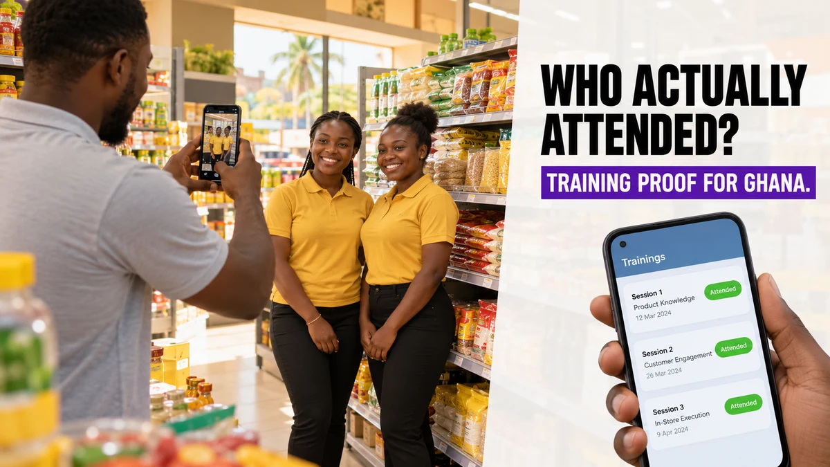 Photograph of a trainer photographing two promoters in an Accra supermarket aisle beside a headline reading Who Actually Attended, Training Proof for Ghana, with a 1Channel Trainings app screen.