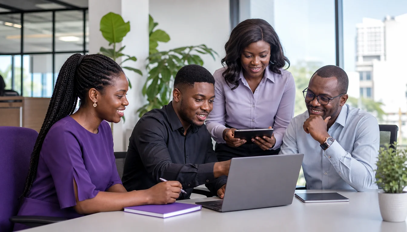 Ghanaian professionals welcoming a new teammate at a collaborative office session
