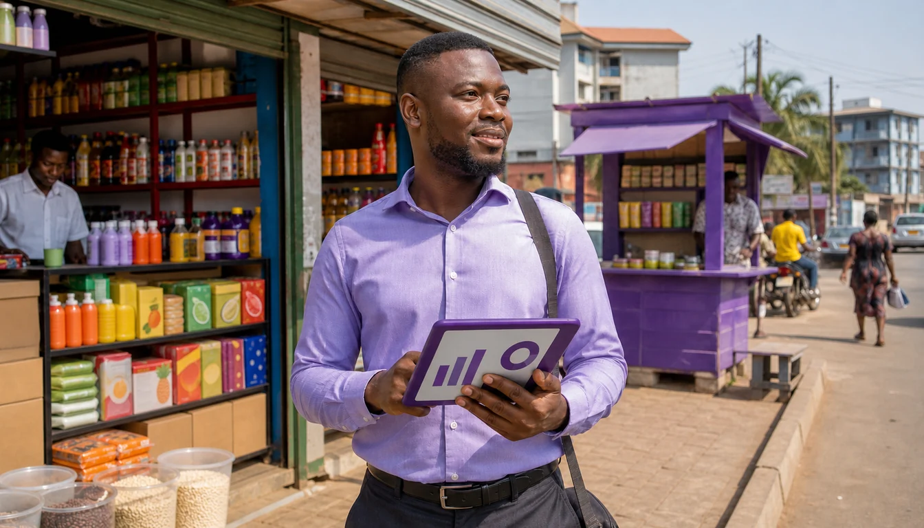 Ghanaian field sales representative using 1Channel outside an Accra provision shop