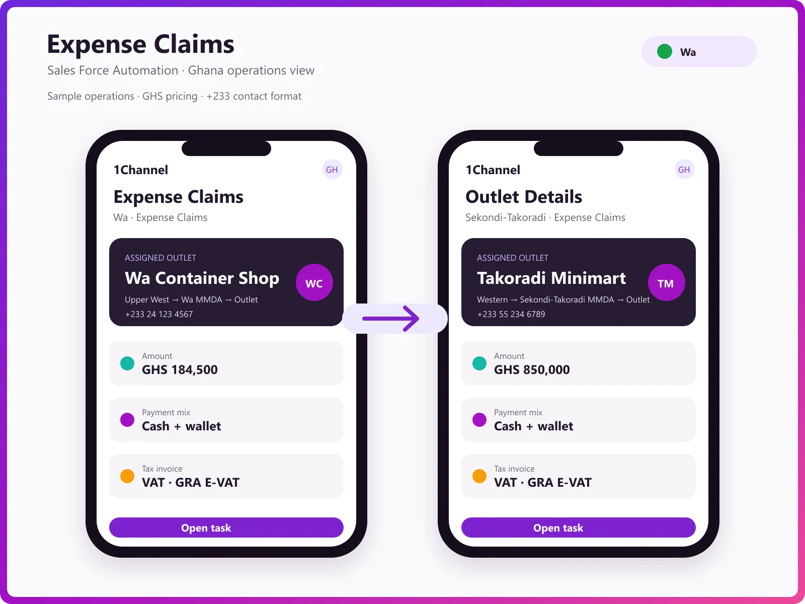 Mobile app expense claim entered in GHS