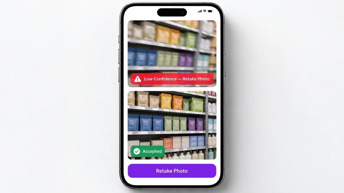 Mobile app screen showing a shelf photo flagged as low confidence with a retake prompt, next to a clearer accepted photo