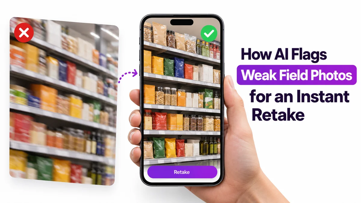 How AI Flags Weak Field Photos for an Instant Retake, a blurry shelf photo being flagged and replaced by a clear verified photo