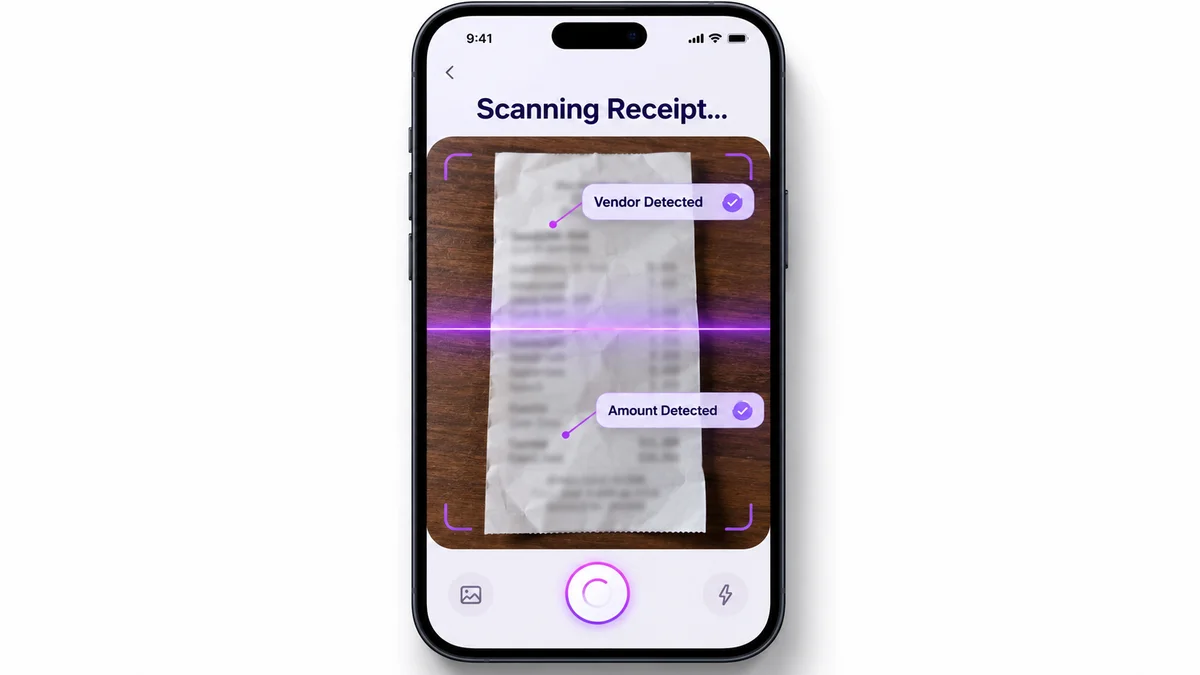 Mobile app screen showing OCR scanning a receipt and highlighting the detected amount and vendor name