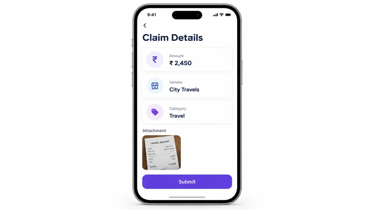Mobile app expense claim form pre-filled with amount and vendor details, with the receipt attached for review