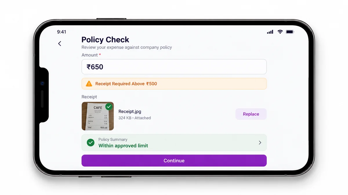 Mobile app screen showing an expense claim being checked against policy rules with a receipt-required flag