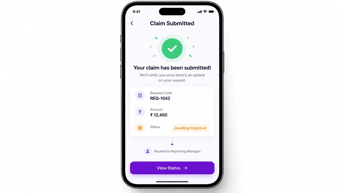 Mobile app screen showing a submitted expense claim routed to a manager for approval