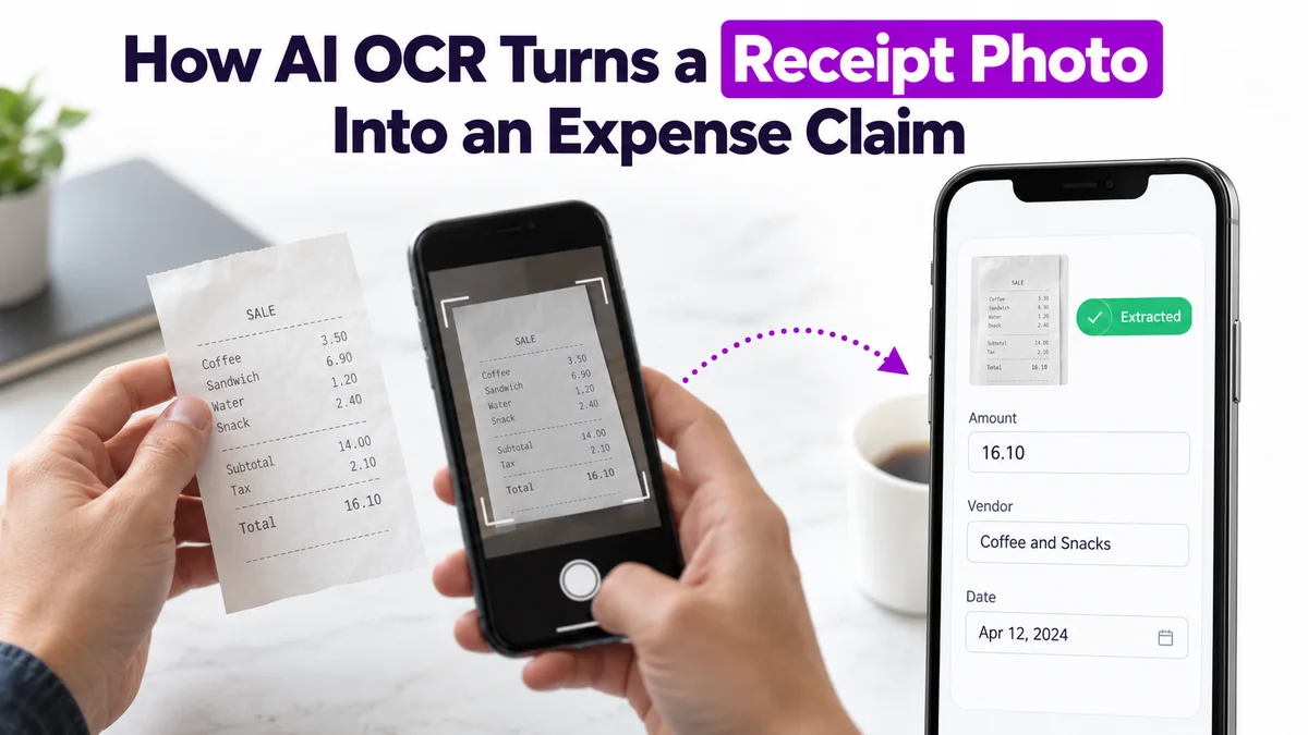 How AI OCR Turns a Receipt Photo Into an Expense Claim, an employee photographing a receipt next to a mobile expense claim screen with extracted details