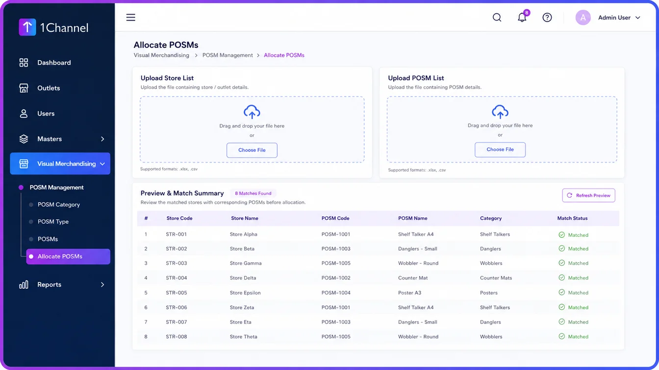 Allocate POSMs to Outlets screen showing store list and POSM list upload with a results summary