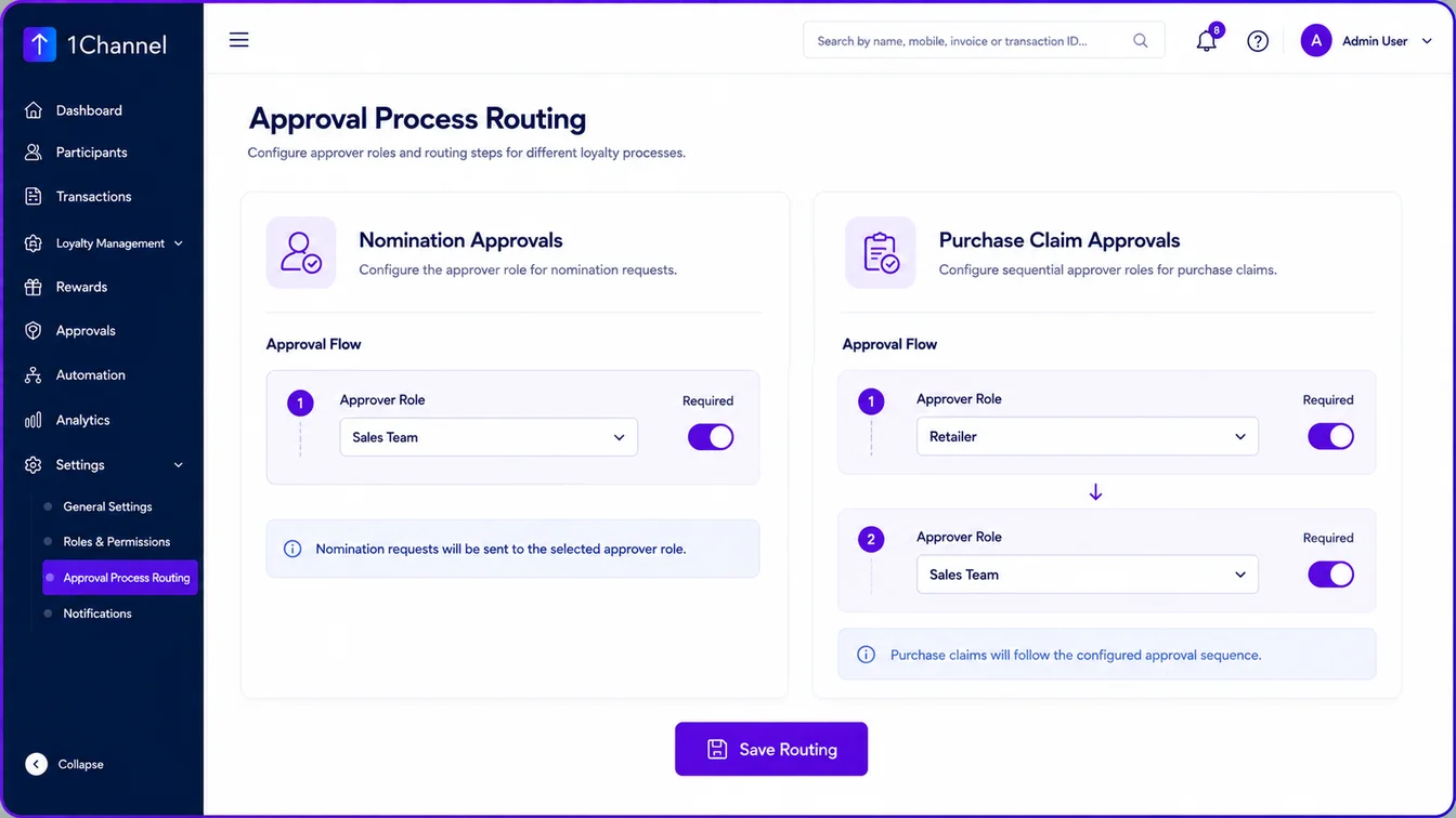 Approval Process Routing screen configuring approver roles for Nomination Approvals and sequential Purchase Claim Approvals