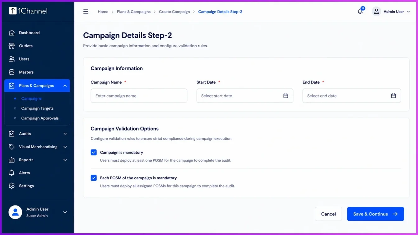 Admin dashboard campaign configuration interface illustrating strict validation checkboxes for mandating POSM deployments.