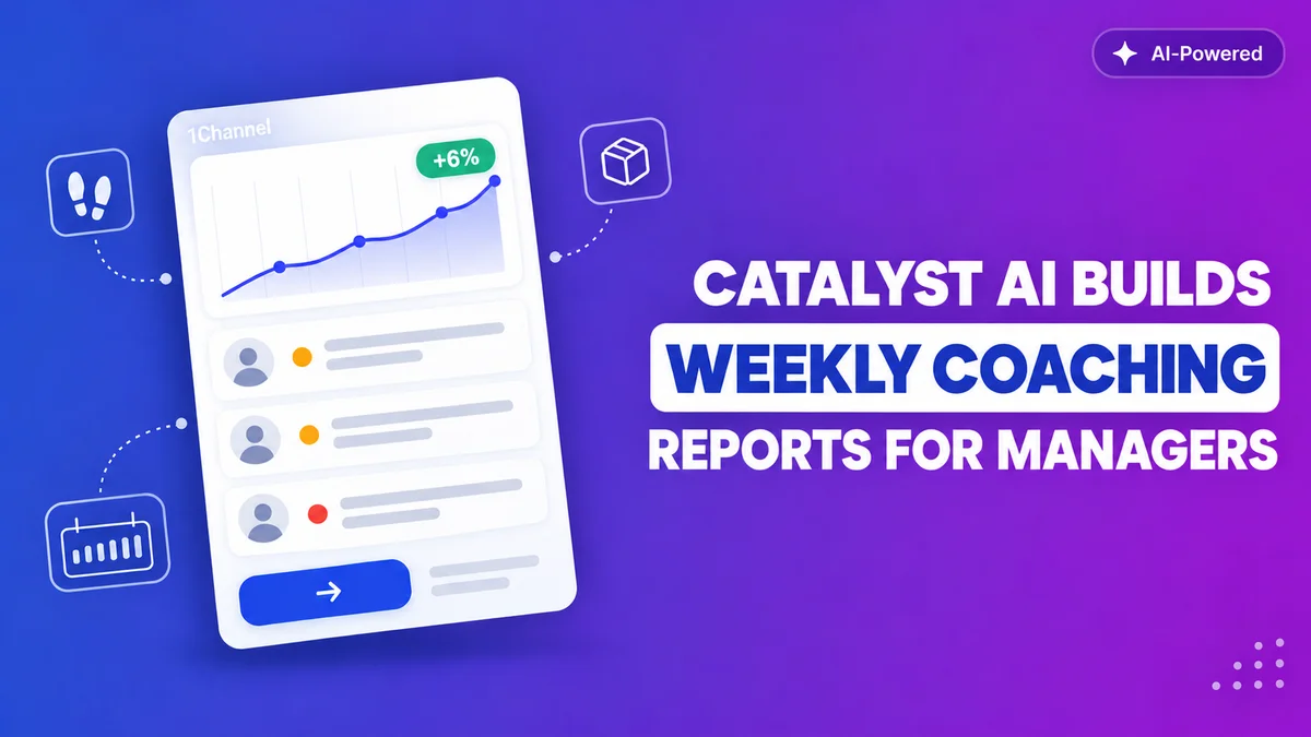 Catalyst AI Builds Weekly Coaching Reports for Managers, an AI-powered dashboard card with a rising performance trend line and coaching report rows