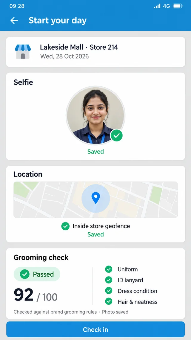 Illustrative 1View Start your day screen showing a saved selfie, store location and a passed grooming check before check-in