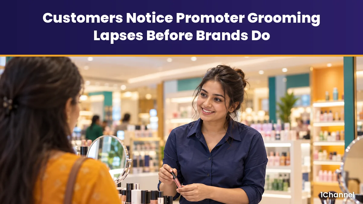 Customers Notice Promoter Grooming Lapses Before Brands Do, a shopper looking at a beauty advisor with an untucked uniform and no ID lanyard at a cosmetics counter