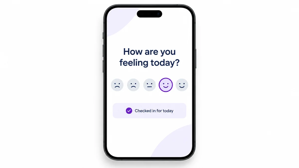 A mobile phone showing a one-tap daily mood check-in screen inside the 1View field-force app