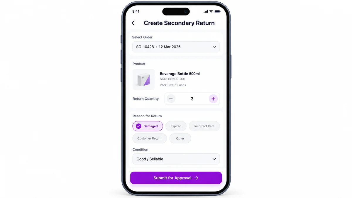A mobile app screen for a field sales representative creating a secondary return, selecting the order, SKU, and marking the reason as Damaged