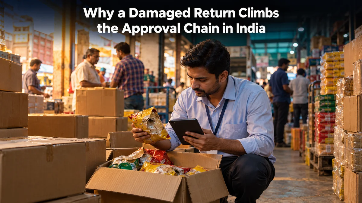 Why a Damaged Return Climbs the Approval Chain in India, a field representative recording a damaged goods return in an Indian FMCG market