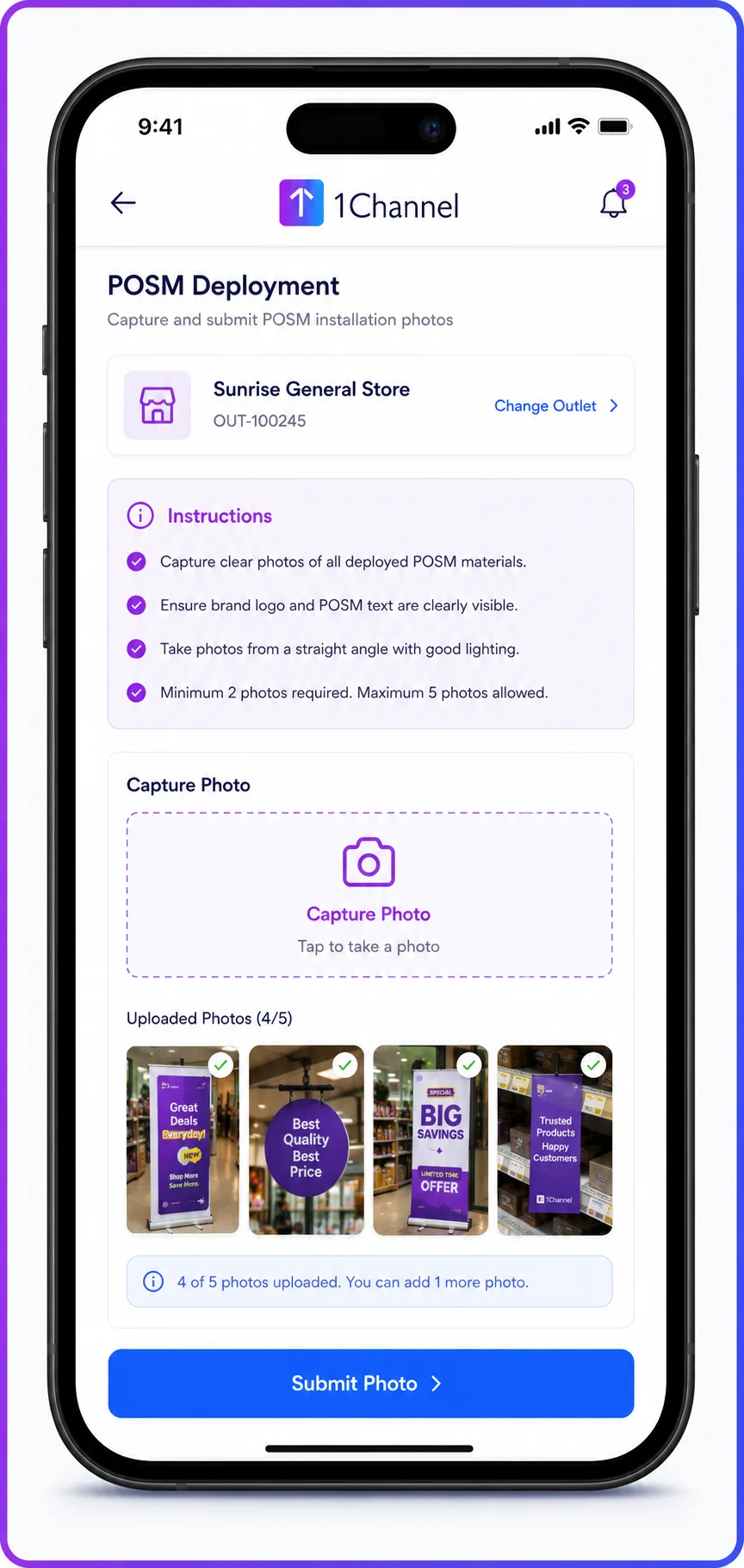 Mobile app POSM Deployment task showing outlet details, instructions, and uploaded installation photos