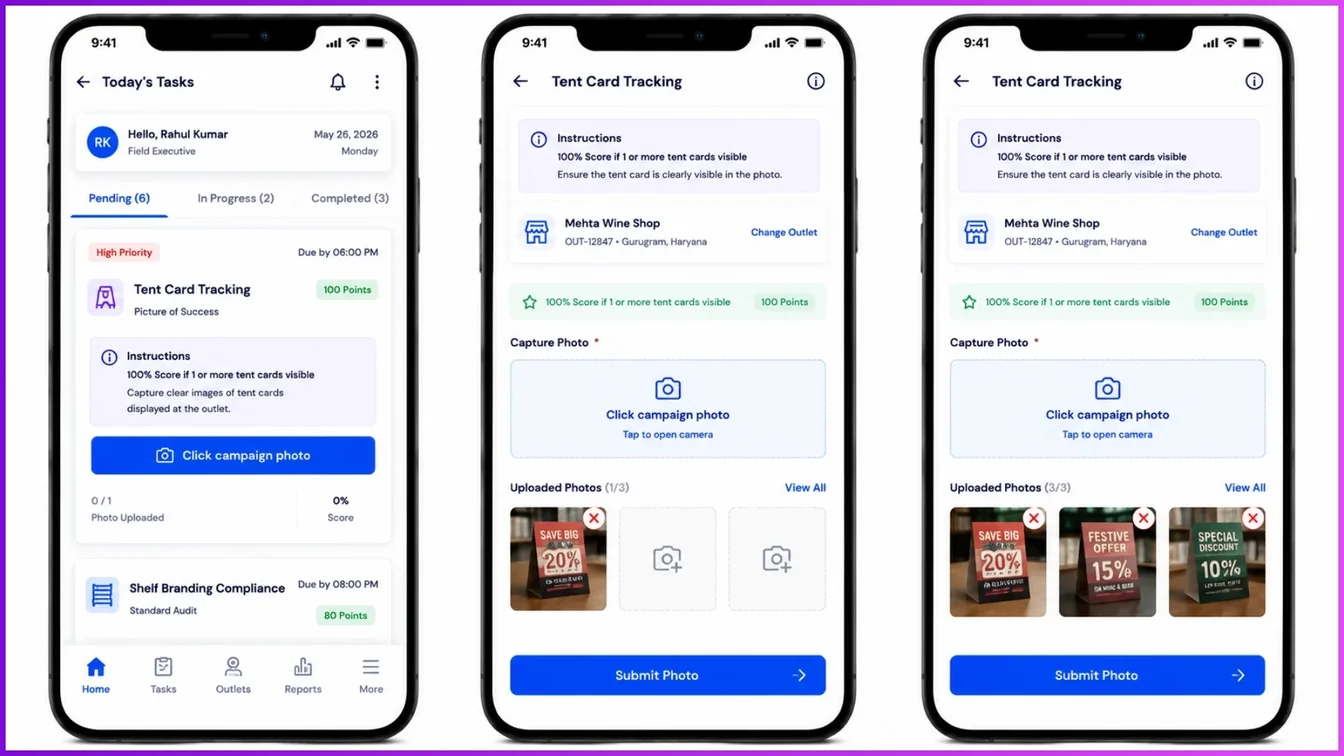 Mobile app screen design for field executives displaying the 'Picture of Success' task tracking panel with a photo upload button.