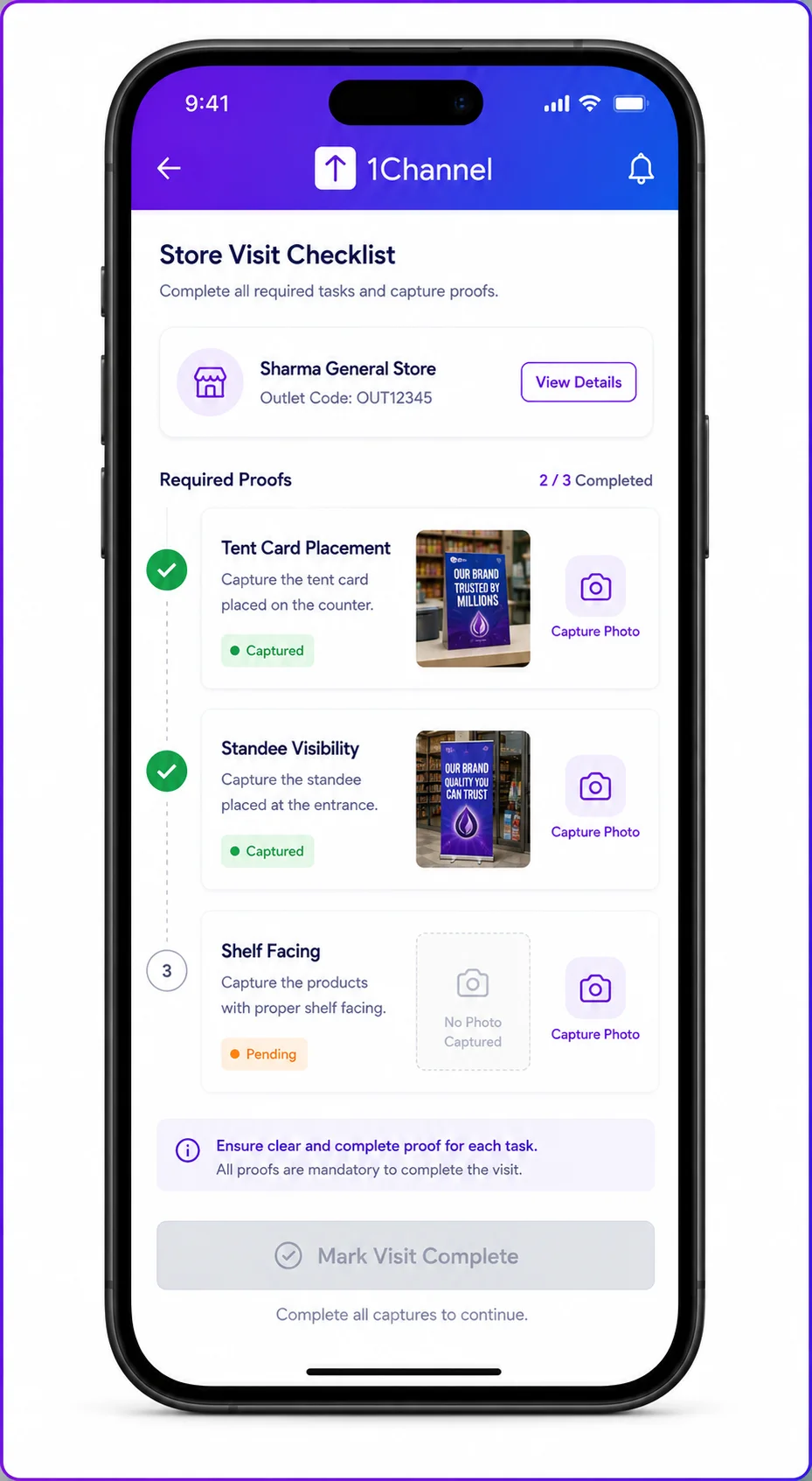 Store Visit Checklist screen showing photo capture requirements for tent card, standee, and shelf facing before a visit can be marked complete