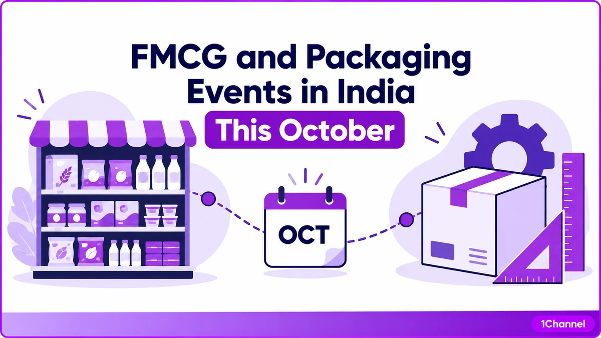 FMCG and Packaging Events in India This October, an illustration of a retail shelf and a packaging box connected by a dotted path through an October calendar