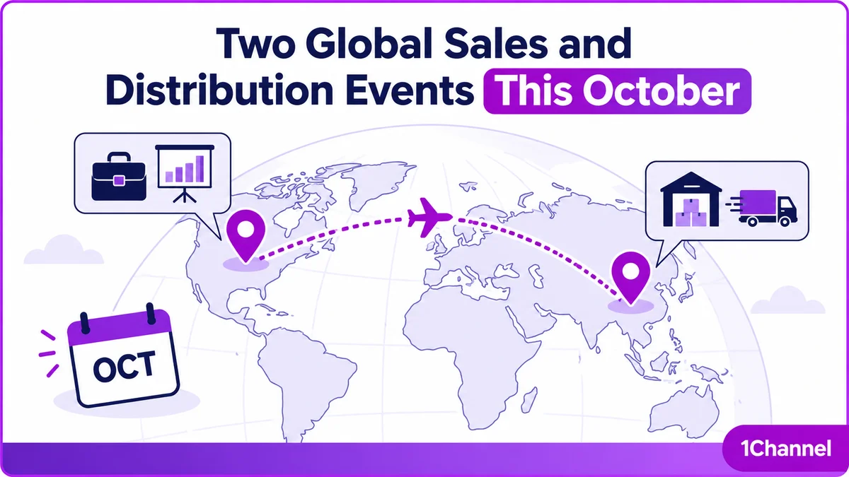 Two Global Sales and Distribution Events This October, an illustration of a world map connecting a sales conference pin to a distributor convention pin