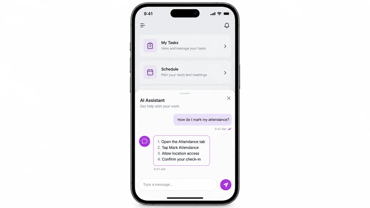 Mobile SFA app showing an AI Assistant panel guiding a field representative through marking attendance
