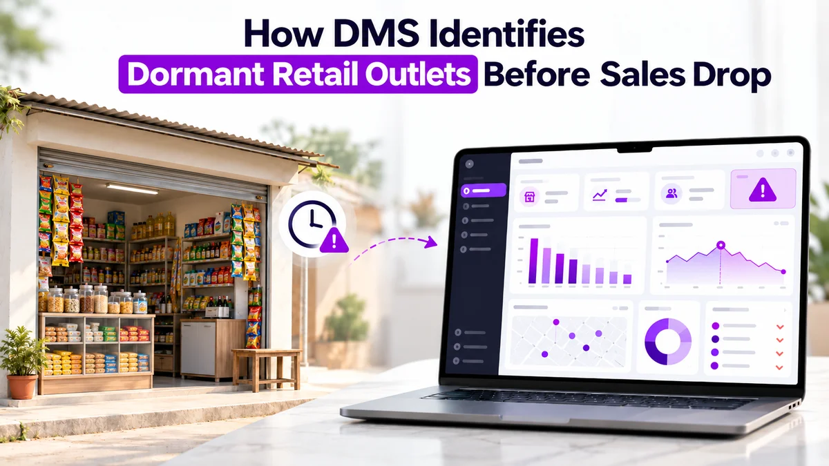 How DMS Identifies Dormant Retail Outlets Before Sales Drop, a retail storefront connected to a DMS analytics screen with a warning icon