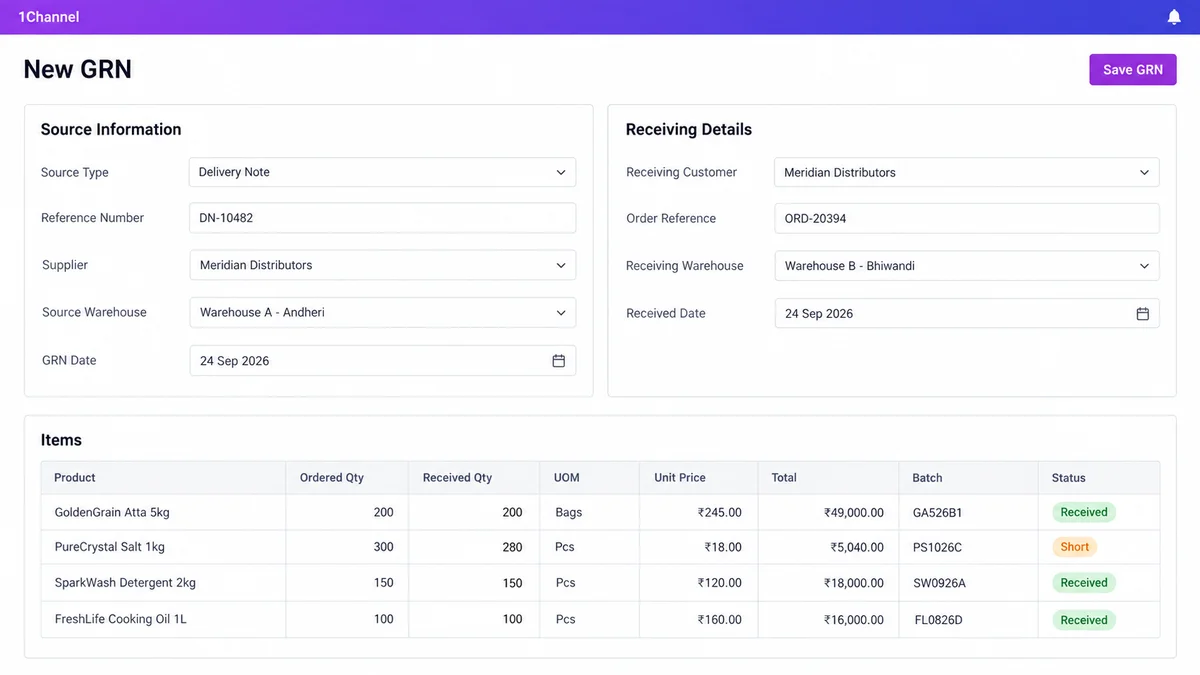 1Channel DMS New GRN screen showing Source Warehouse and Receiving Warehouse as separate fields, with an items table listing a short-received row