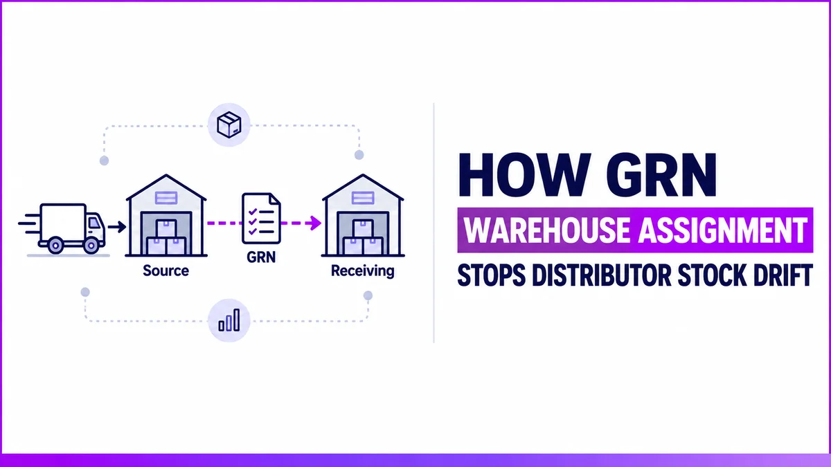 How GRN Warehouse Assignment Stops Distributor Stock Drift, a flowchart showing a delivery moving from a Source warehouse through a GRN to a Receiving warehouse