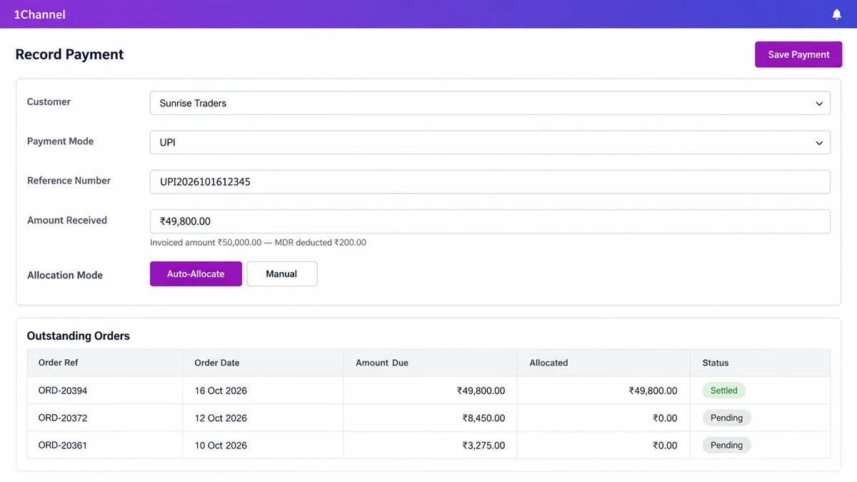 1Channel DMS Record Payment screen showing a UPI payment with invoiced amount and MDR deduction noted, and an auto-allocate toggle against outstanding orders