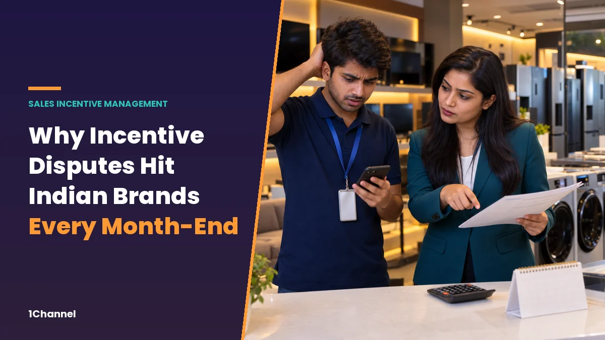 Why Incentive Disputes Hit Indian Brands Every Month-End, a promoter and an area manager comparing incentive figures at a consumer electronics store counter