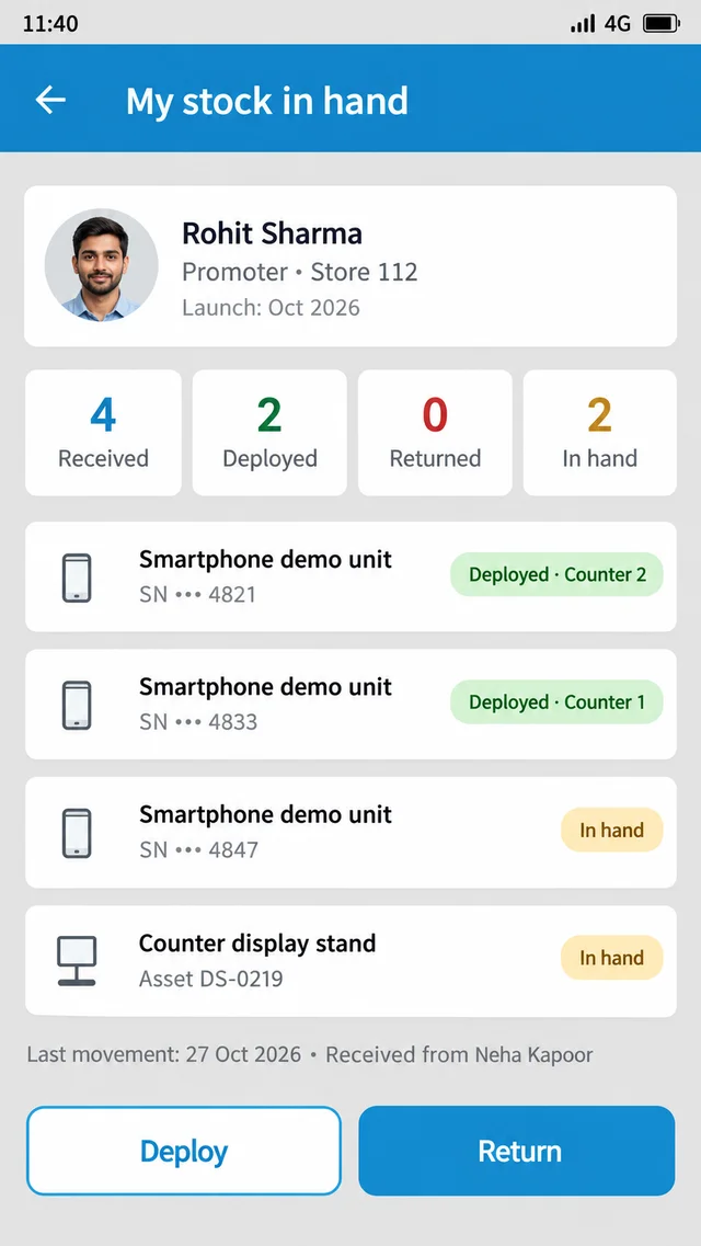 Illustrative 1View My stock in hand screen showing a promoter's received, deployed and in-hand demo units