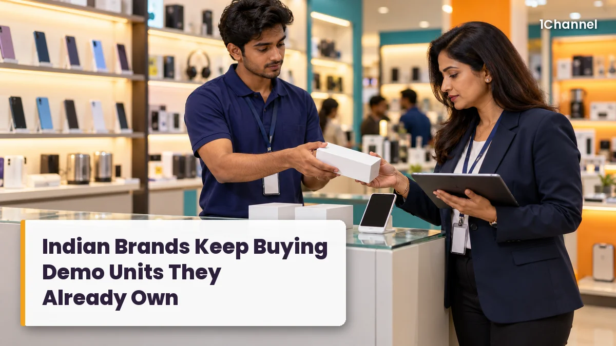 Indian Brands Keep Buying Demo Units They Already Own, a promoter handing a boxed demo unit to an area manager at an electronics store counter