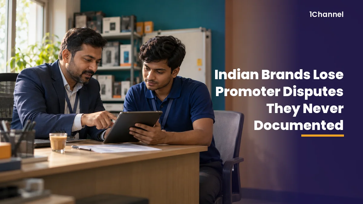 Indian Brands Lose Promoter Disputes They Never Documented, an area manager and a promoter reviewing a record on a tablet in a store back office