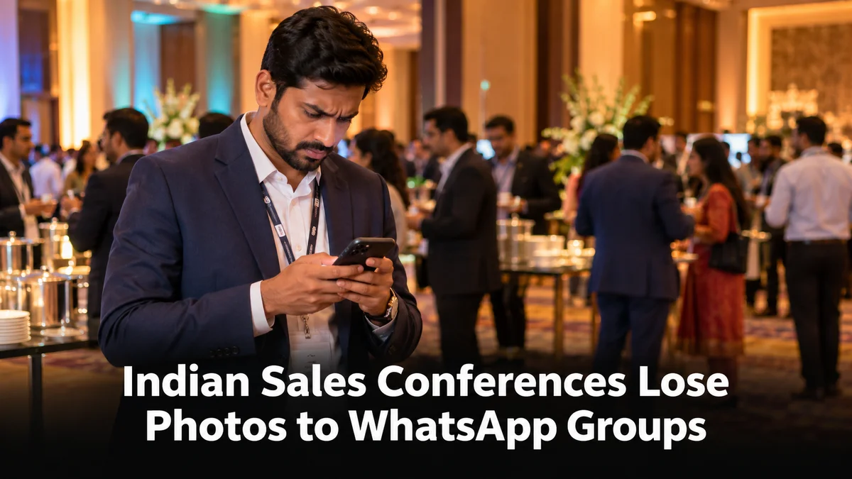 Indian Sales Conferences Lose Photos to WhatsApp Groups, a conference attendee searching through phone messages for event photos