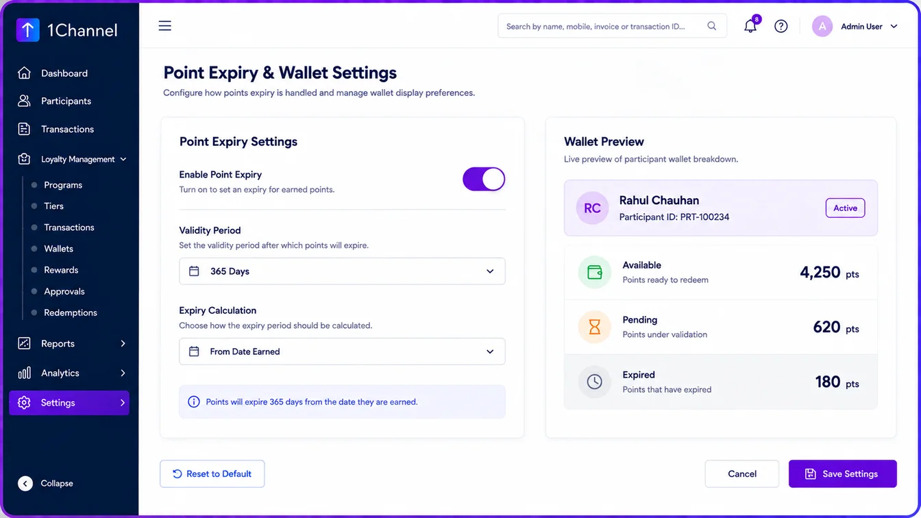 Point Expiry and Wallet Settings screen showing validity period configuration and a live wallet breakdown of available, pending, and expired points