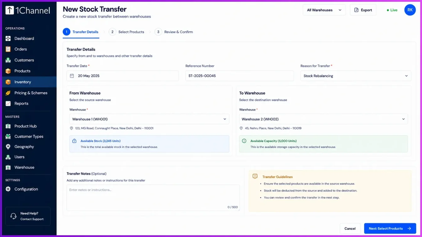 DMS interface showing a New Stock Transfer configuration screen specifying 'From' and 'To' warehouses with product selection lists.