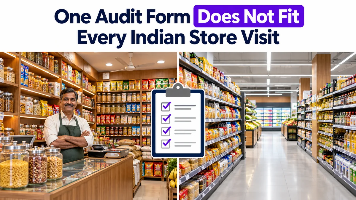 One Audit Form Does Not Fit Every Indian Store Visit, a split view of an Indian kirana store and a modern supermarket with one generic audit checklist between them