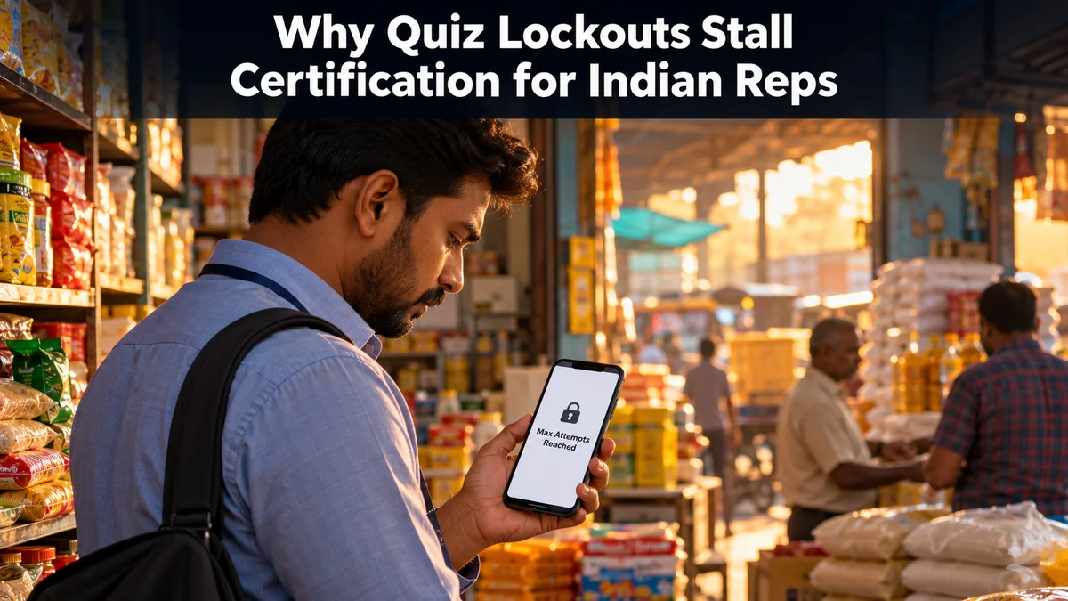 Why Quiz Lockouts Stall Certification for Indian Reps, a field sales representative viewing a locked quiz screen on a mobile phone