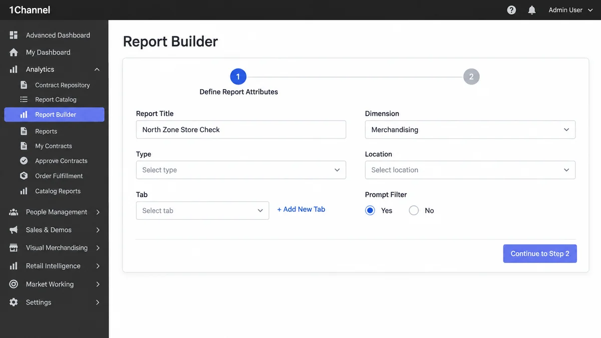 SFA portal Report Builder Step 1, Define Report Attributes, with Report Title, Dimension, Type, Location, Tab and Prompt Filter fields